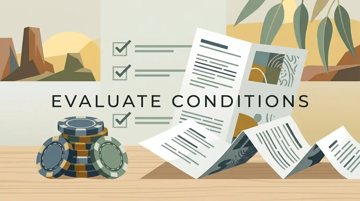 Editorial illustration of a welcome bonus being reviewed step by step